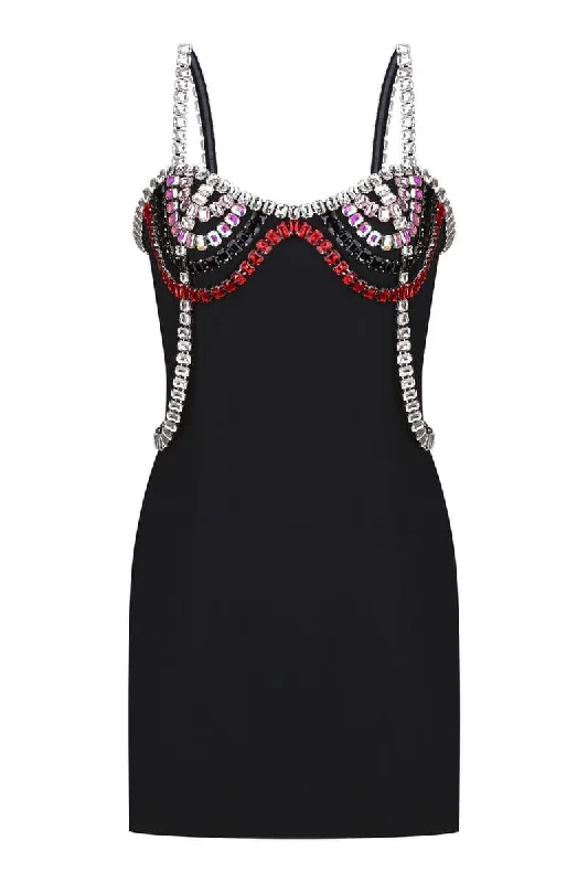 BLACK GEMSTONE EMBELLISHED MINI DRESS Elegant Satin Lace Mini Dress