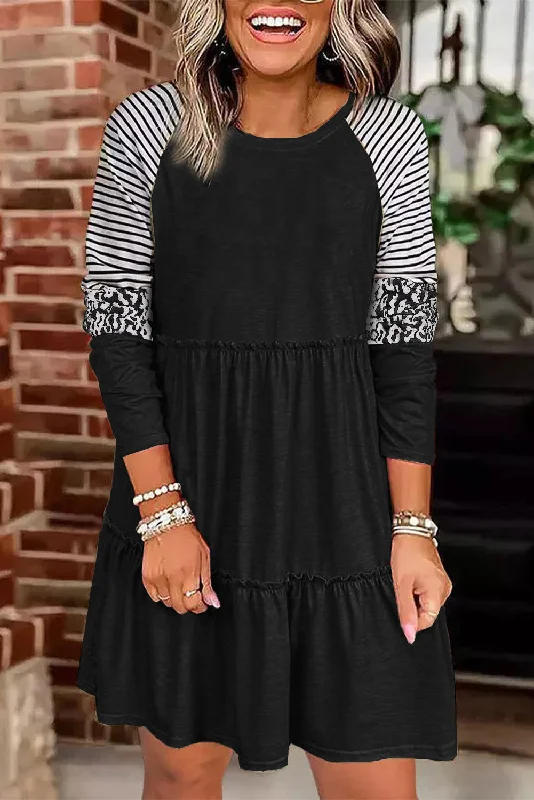 Blue Zone Planet |  Black Striped Leopard Patchwork Long Sleeve Mini Dress Fashionable Mini Dress with Slits