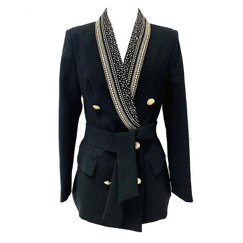 Blazer Women Black Bead 2023 Designer Metal Decoration with Belt Shawl Collar Midi Jacket Suit Long Blazers Cardigan Sweater Pullover