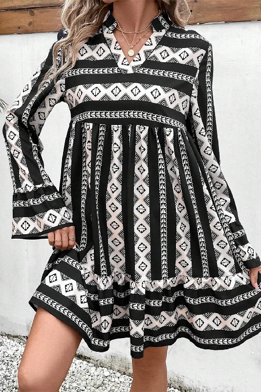 Blue Zone Planet |  Black Boho Geometric Printed Flared Long Sleeve Mini Dress Fashionable Denim Mini Dress