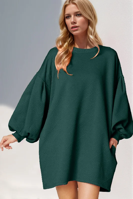 Blue Zone Planet |  Double Take Drop Shoulder Lantern Sleeve Texture Mini Dress with Pockets Elegant Silk Mini Dress