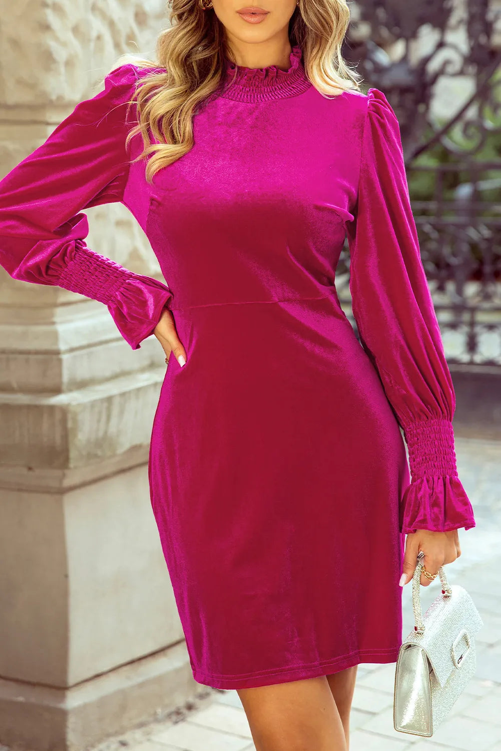 Blue Zone Planet |  Frill Mock Neck Flounce Sleeve Mini Dress Stylish Puff Sleeve Mini Dress