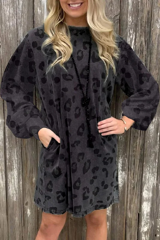 Blue Zone Planet | Gray Leopard Pocketed Puff Sleeve Mini Dress Fashionable Boho-Chic Mini Dress Blue Zone Planet | Gray Leopard Pocketed Puff Sleeve Mini Dress Fashionable Boho-Chic Mini Dress