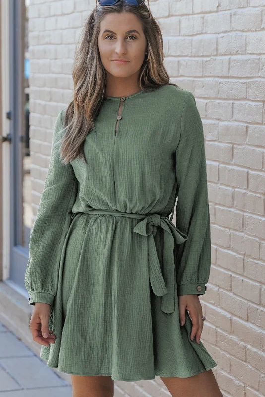 Blue Zone Planet |  Jungle Green Button Neck Puff Sleeve Belted Pleated Mini Dress Elegant Silk Mini Dress