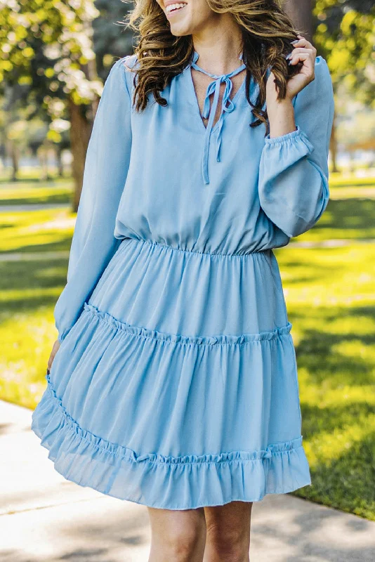 Blue Zone Planet |  Light Blue V Neck Long Sleeve Ruffle Tiered Mini Dress Comfortable Boho Mini Dress