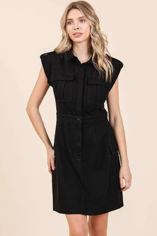 Blue Zone Planet |  Mittoshop Cargo Pocket Half Button Mini Dress Comfortable Wrap Mini Dress