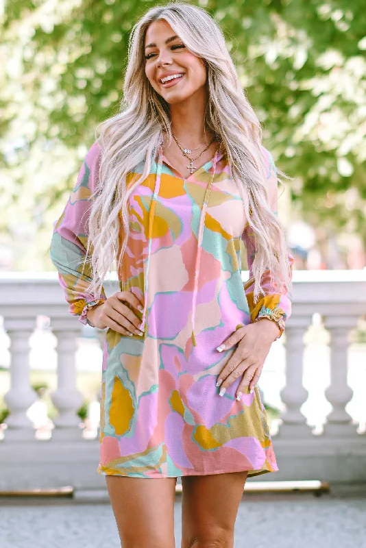 Blue Zone Planet | Multicolor Abstract Print Frill Split Neck Babydoll Mini Dress Stylish Puff Sleeve Mini Dress Blue Zone Planet | Multicolor Abstract Print Frill Split Neck Babydoll Mini Dress Stylish Puff Sleeve Mini Dress