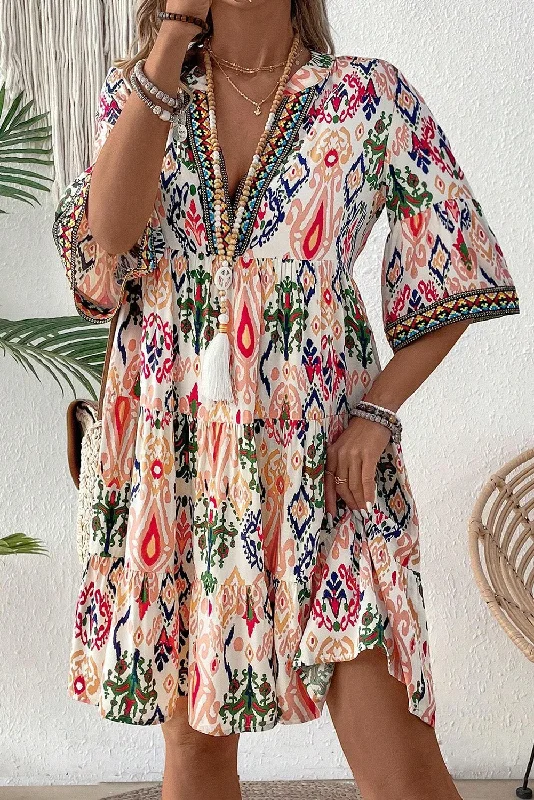 Blue Zone Planet |  Multicolour Boho Print V Neck Bracelet Sleeve Mini Dress Trendy Mini Dress with Belt