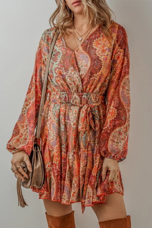 Blue Zone Planet | Orange Boho Paisley Print Long Sleeve Pleated Belted Mini Dress Chic Mini Dress with V-Neck Blue Zone Planet | Orange Boho Paisley Print Long Sleeve Pleated Belted Mini Dress Chic Mini Dress with V-Neck