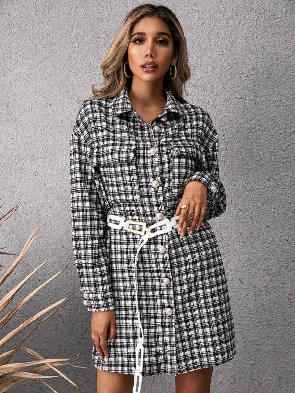 Blue Zone Planet |  Pocketed Plaid Long Sleeve Mini Dress Classic Casual Mini Dress
