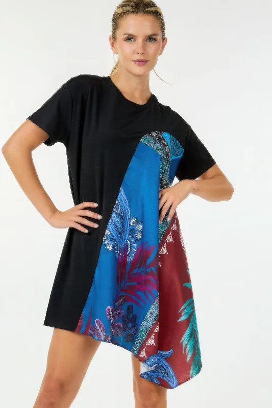 Blue Zone Planet | Botanical Print Handkerchief Tunic Top Mini Dress Chic Tropical Mini Dress