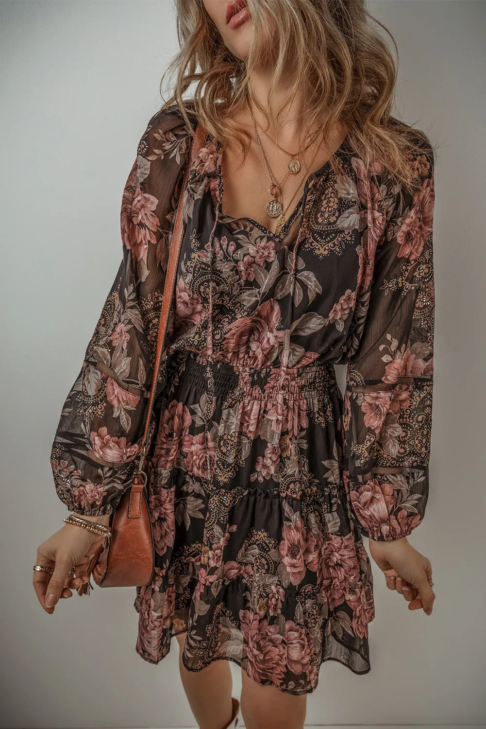 Blue Zone Planet |  Printed Tie Neck Long Sleeve Mini Dress Trendy Denim Mini Dress