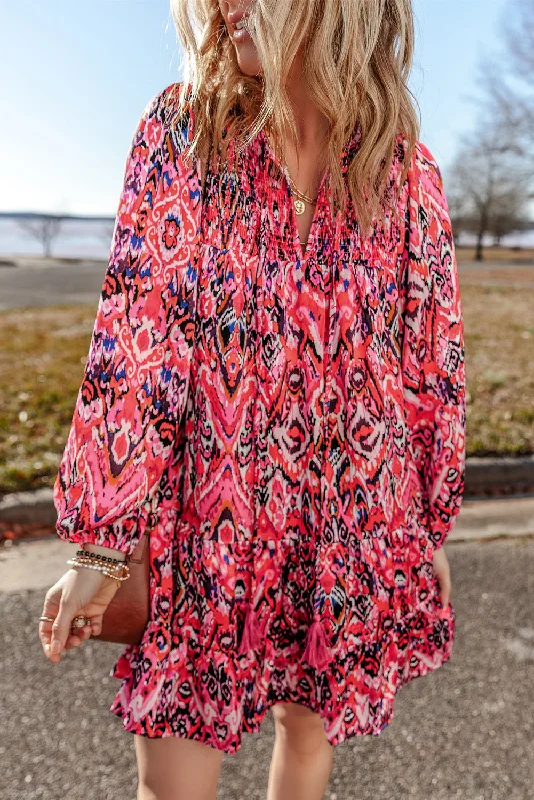 Blue Zone Planet |  Rose Abstract Printed Tassel Tied Neck Long Sleeve Ruffled Mini Dress Comfortable Boho Mini Dress