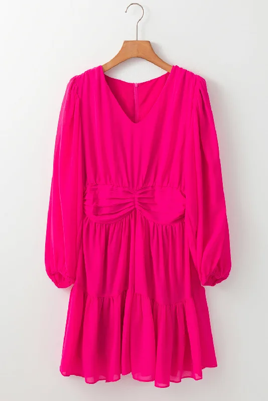 Blue Zone Planet | Rose Red Puff Long Sleeve V Neck Pleated Mini Dress Fashionable Summer Mini Dress Blue Zone Planet | Rose Red Puff Long Sleeve V Neck Pleated Mini Dress Fashionable Summer Mini Dress