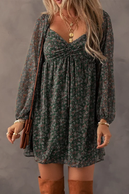 Blue Zone Planet |  Ruched Printed Long Sleeve Mini Dress Chic Halter Mini Dress