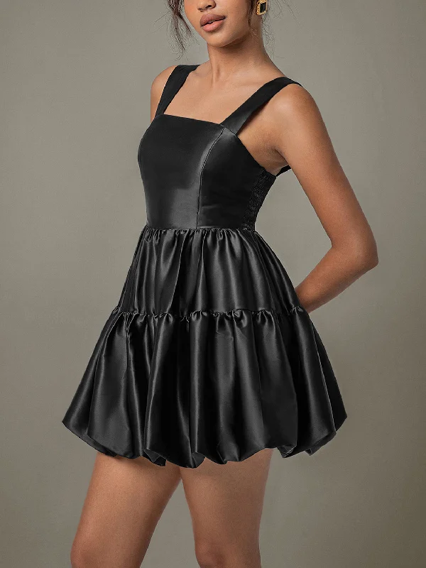 Blue Zone Planet |  Ruched Square Neck Wide Strap Mini Dress Trendy Button-Detail Mini Dress