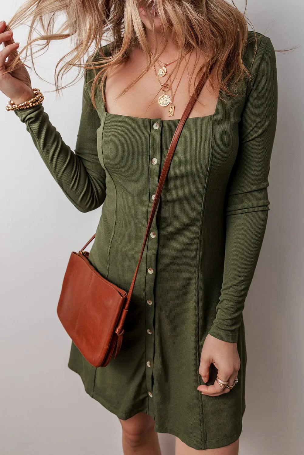 Blue Zone Planet |  Square Neck Long Sleeve Mini Dress Cozy Cotton Mini Dress