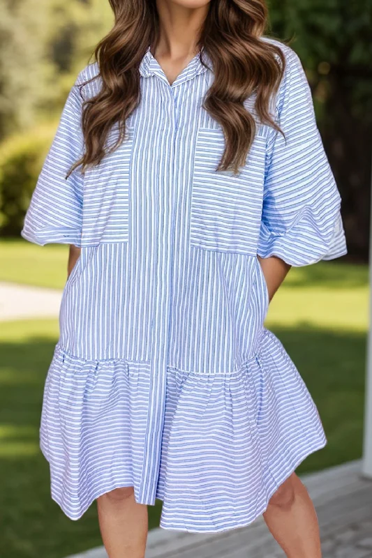 Blue Zone Planet |  Striped Collared Neck Mini Dress Elegant Mini Dress with Ruffles