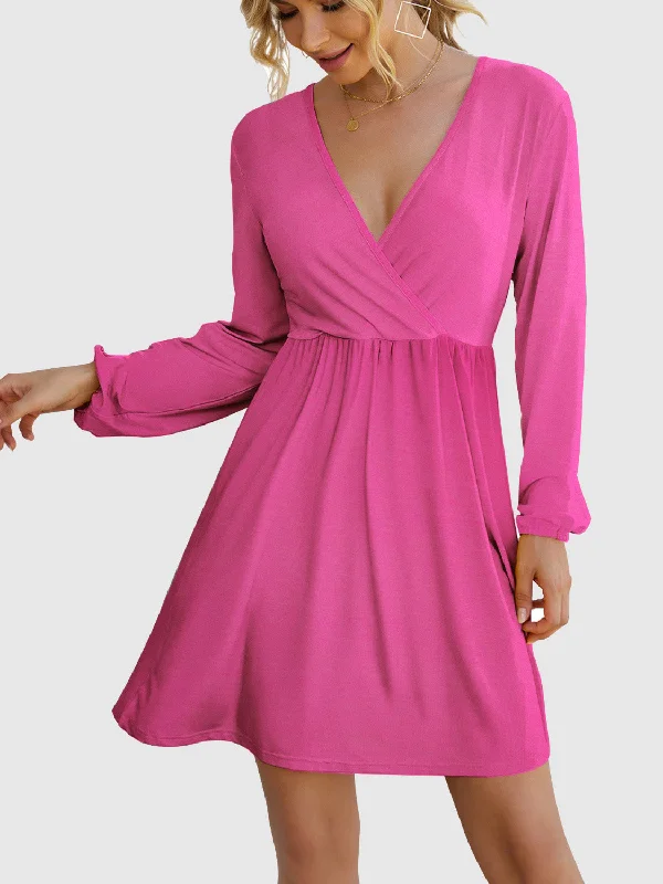 Blue Zone Planet |  Surplice Long Sleeve Mini Dress Elegant Satin Mini Dress