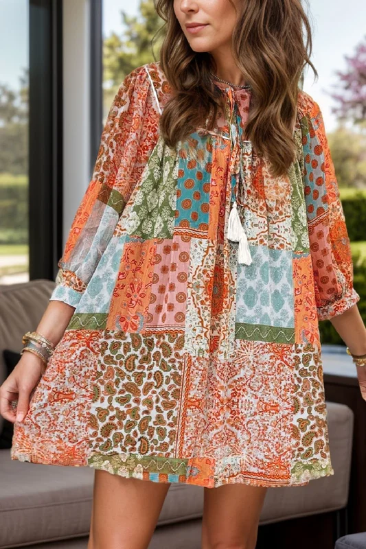 Blue Zone Planet |  Tassel Printed Three-Quarter Sleeve Mini Dress Comfortable Shift Mini Dress