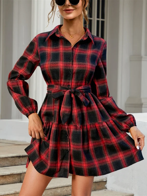 Blue Zone Planet |  Tied Plaid Long Sleeve Mini Dress Fashionable Mini Dress with Frills