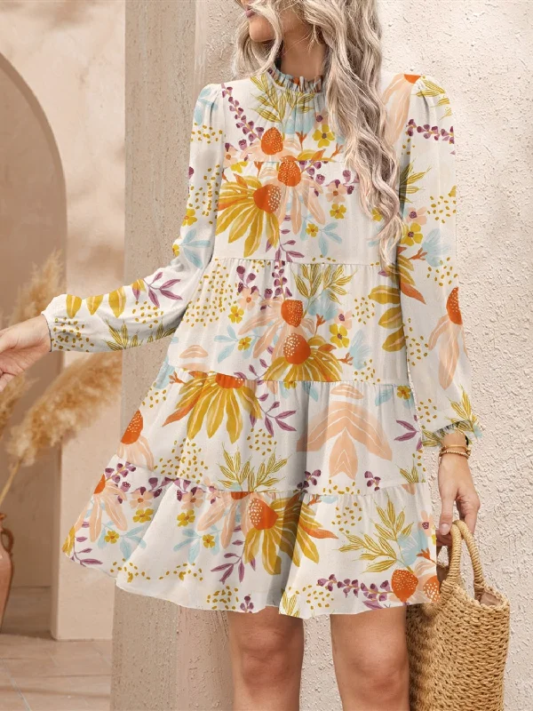 Blue Zone Planet |  Tiered Printed Long Sleeve Mini Dress Stylish Plaid Mini Dress