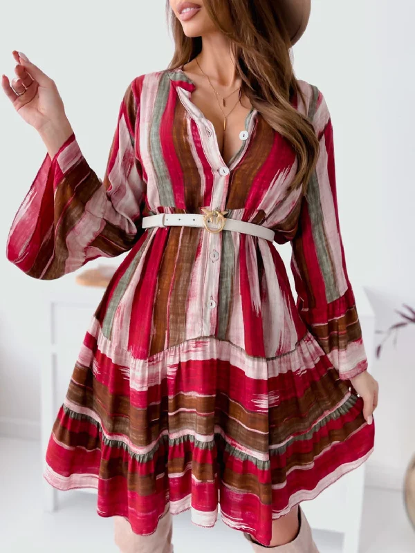 Blue Zone Planet | Tina's Buttoned Striped Long Sleeve Mini Dress Trendy Tie-Dye Mini Dress