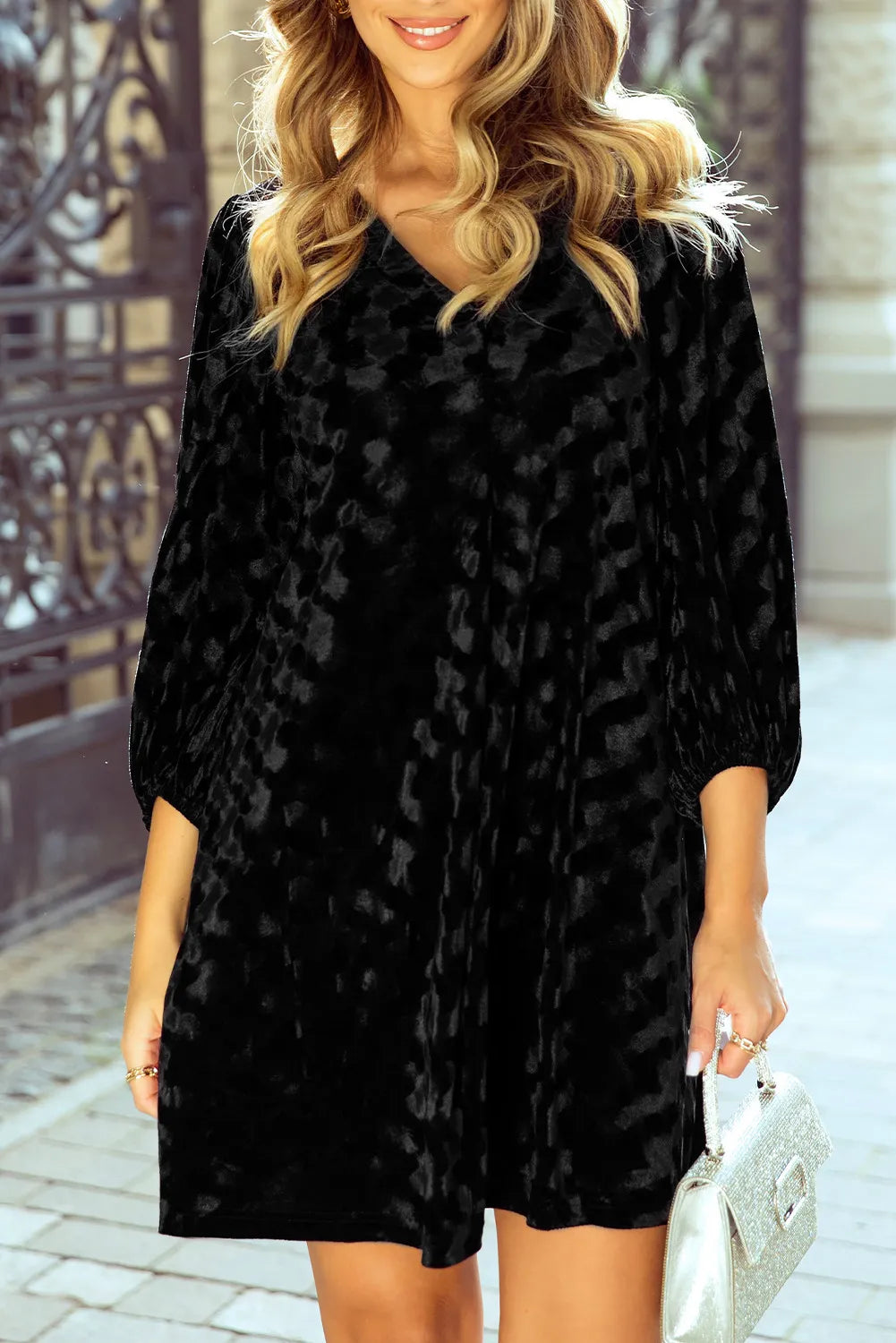 Blue Zone Planet |  V-Neck Three-Quarter Sleeve Velvet Mini Dress Cozy Knitted Mini Dress
