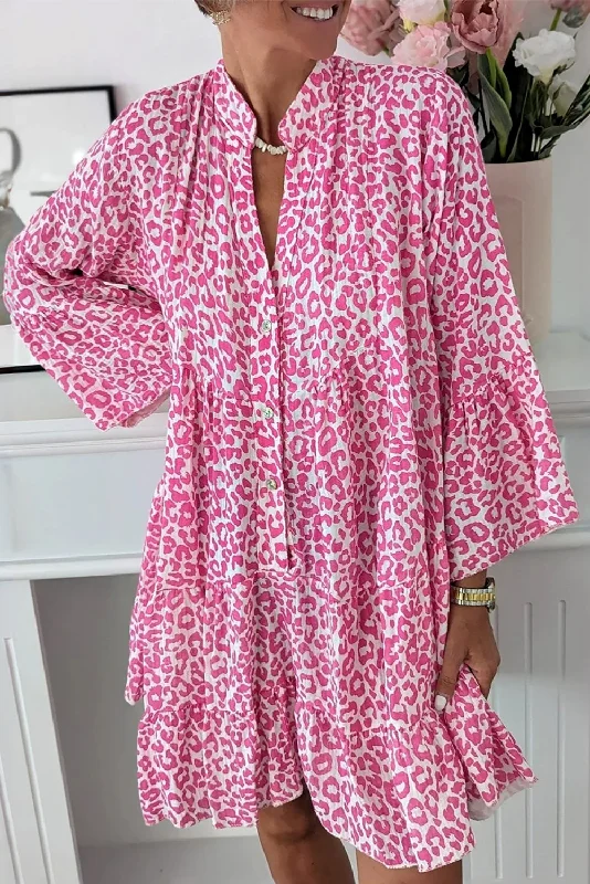 Blue Zone Planet | Bright Pink Leopard Printed Long Sleeve Buttoned Front Mini Dress Fashionable Lace-Trim Mini Dress Blue Zone Planet | Bright Pink Leopard Printed Long Sleeve Buttoned Front Mini Dress Fashionable Lace-Trim Mini Dress