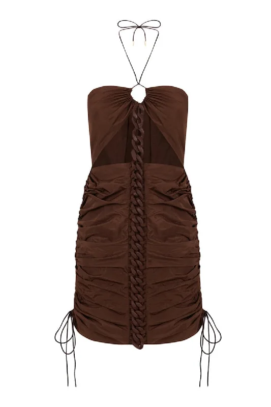 BROWN CHAIN GATHERED MINI DRESS Comfortable Ruffle Mini Dress