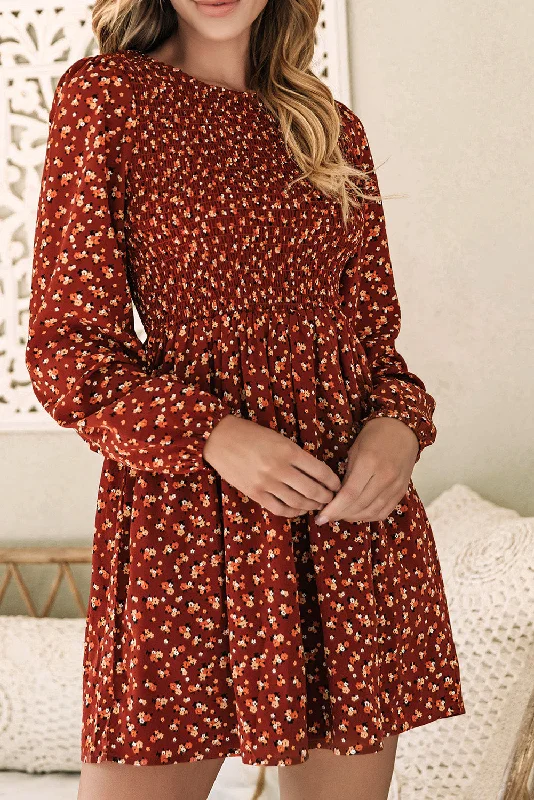 Brown Floral Smocked Bodice Mini Dress Casual V-Neck Mini Dress