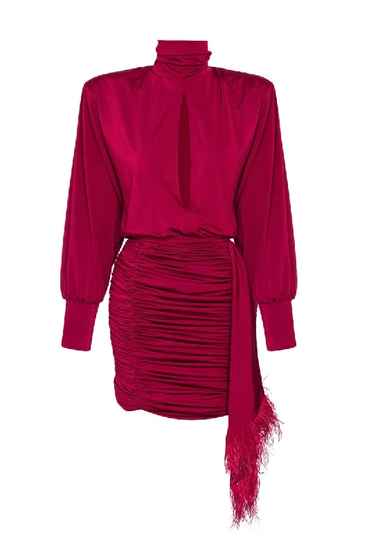 BURGUNDY RUCHED FEATHER-TRIMMED MINI DRESS Comfortable Shift Mini Dress
