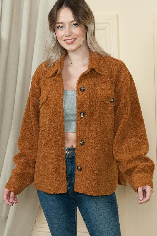 CAMEL TEDDY PLUSH BUTTON DOWN JACKET S3151 Mesh Jacket Canvas Jacket Denim Jacket