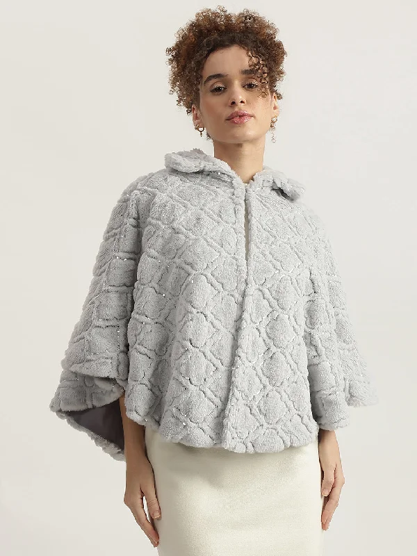 Centrestage Women Grey Self Design Spread Collar Full Sleeves Poncho Jacket Fleece Fabric Down Fabric Feather Fabric