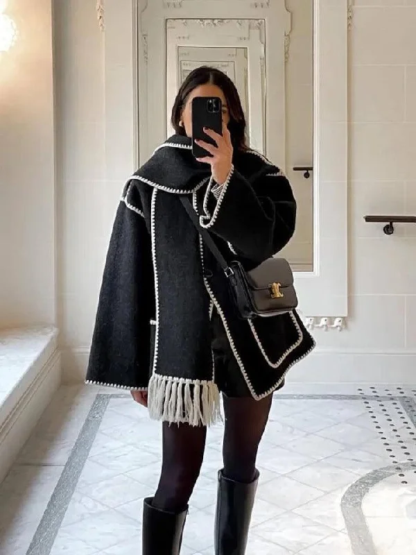Cora Oversized Woolen Jacket with Scarf Striped Jacket Polka Dot Jacket Floral Jacket
