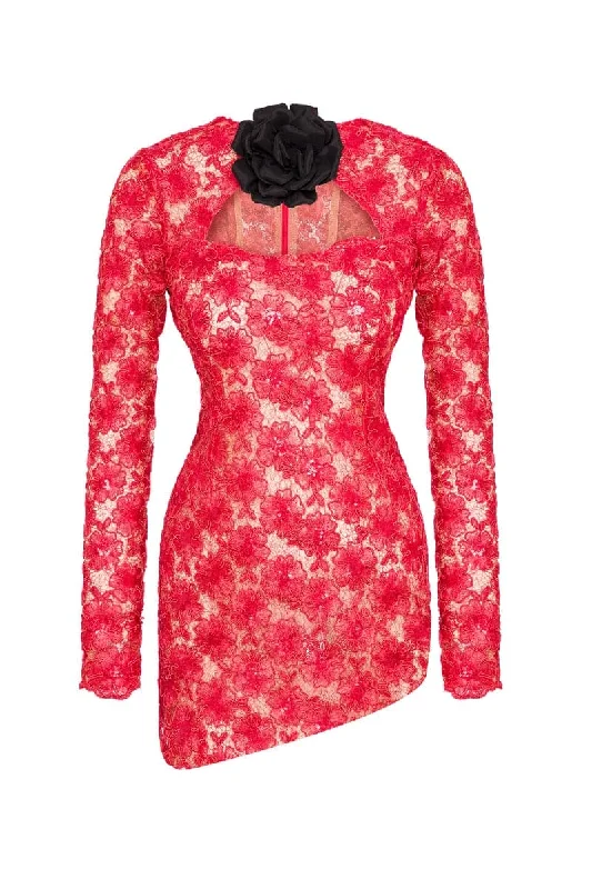 CUT-OUT 3D SATIN ROSE SEQUINED-LACE MINI DRESS Classic Floral Print Mini Dress