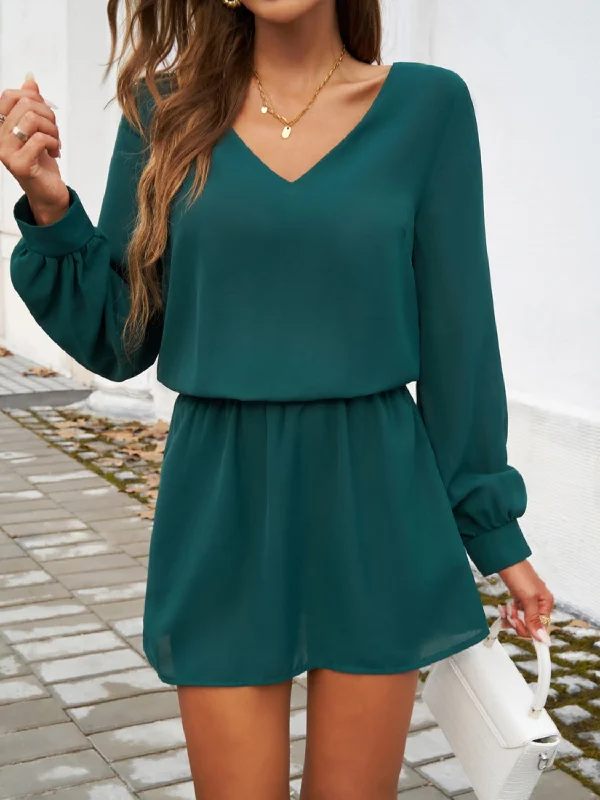 Blue Zone Planet |  Cutout V-Neck Long Sleeve Mini Dress Fashionable A-Line Mini Dress