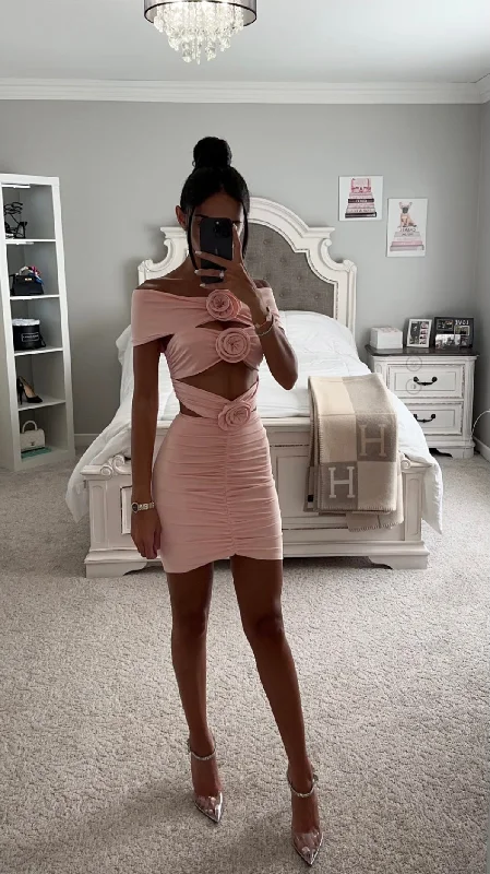 CYANEE PEACH OFF SHOULDER MINI DRESS Trendy Wraparound Mini Dress