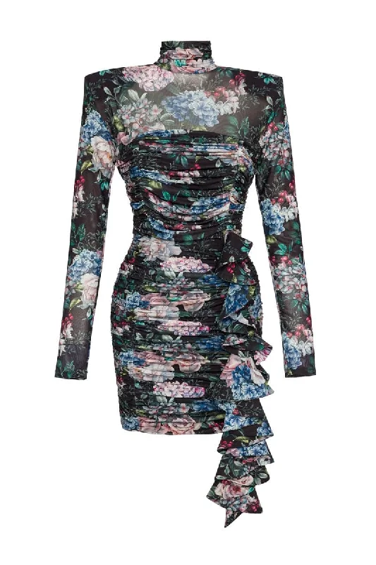 DALAL RUCHED FLORAL PRINTED MINI DRESS Cozy A-Line Mini Dress