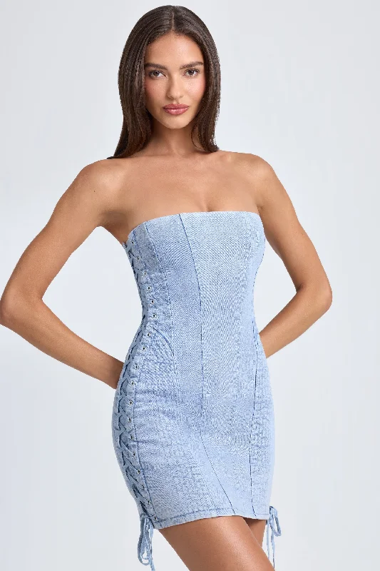 Bandeau Lace-Up Mini Dress in Light Blue Stonewash Trendy Denim Mini Dress