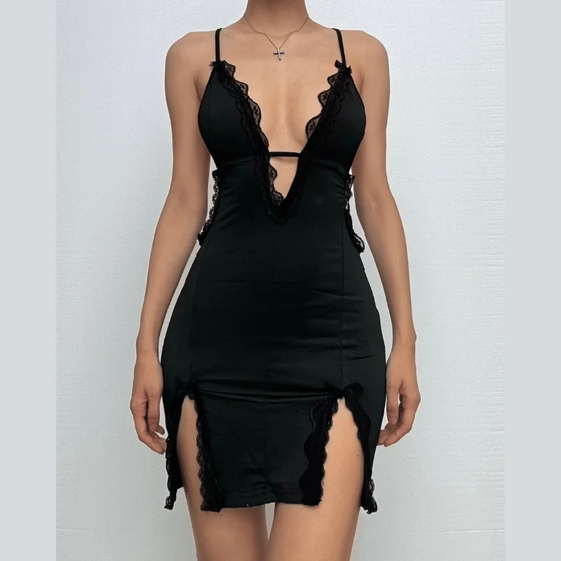 Deep v neck cross front lace hem backless cami mini dress Cozy Sweater Mini Dress