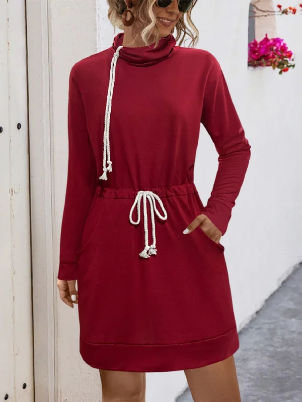 Blue Zone Planet |  Drawstring Turtleneck Long Sleeve Mini Dress Fashionable Summer Mini Dress