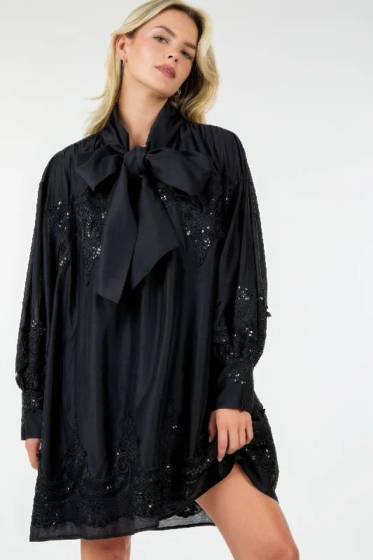 Blue Zone Planet | Elegant Black Bow-Tie Embroidered Tunic Mini Dress Trendy Crossover Mini Dress