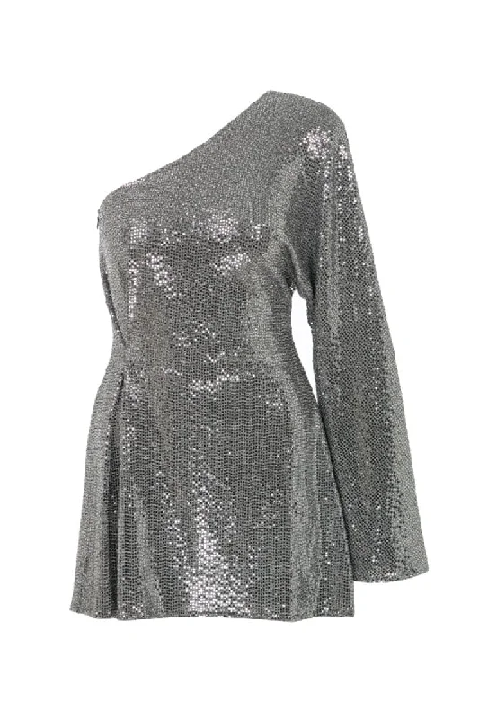 EMERALD ONE SHOULDER SILVER SEQUIN MINI DRESS Elegant Mini Dress with Pleats