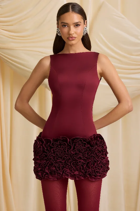 Appliqué Open-Back Mini Dress in Wine Red Trendy Cut-Out Mini Dress