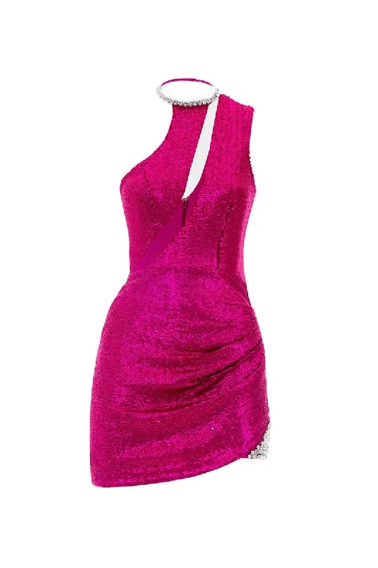 FUCHSIA SEQUINNED MINI DRESS Chic Mini Dress with V-Neck