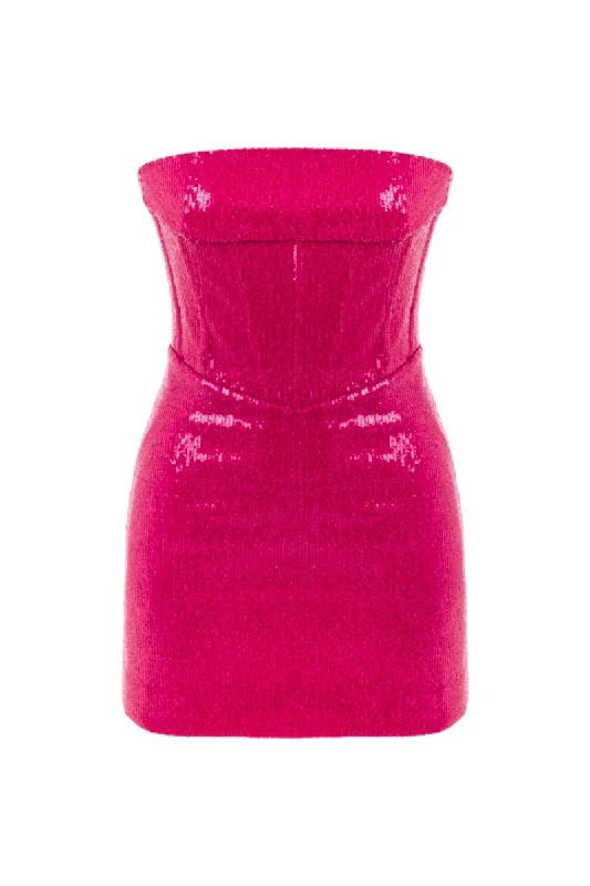 FUCHSIA STRAPLESS SEQUIN MINI DRESS Chic Pleated Mini Dress