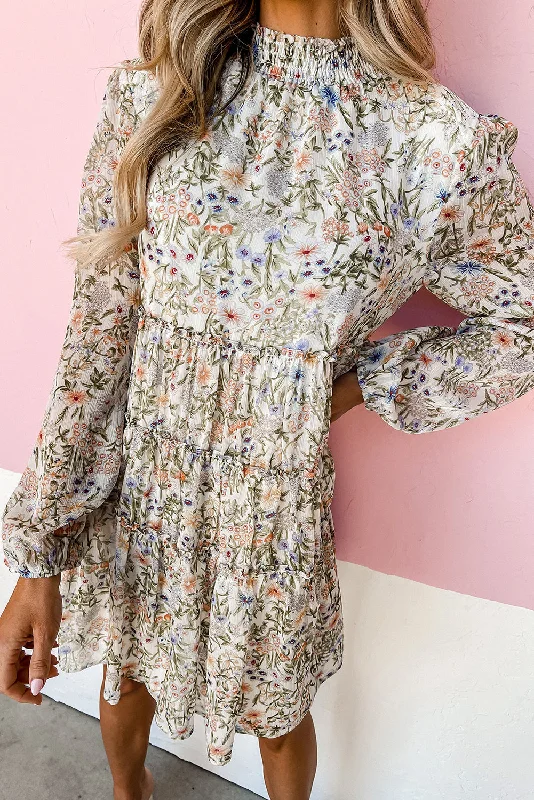 Green Floral Print Tiered Frilled Shirred Mock Neck Mini Dress Stylish Short-Sleeve Mini Dress