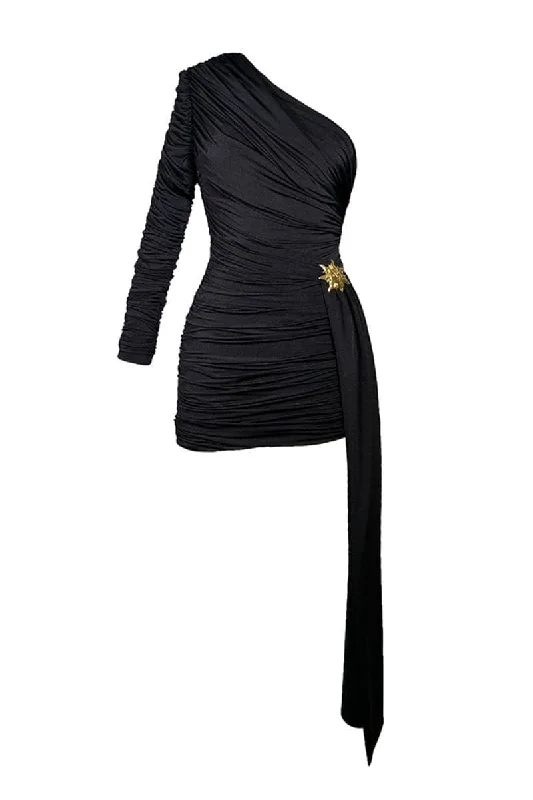 HELIOS BLACK ONE-SHOULDER MINI DRESS Casual Mini Dress with Pockets