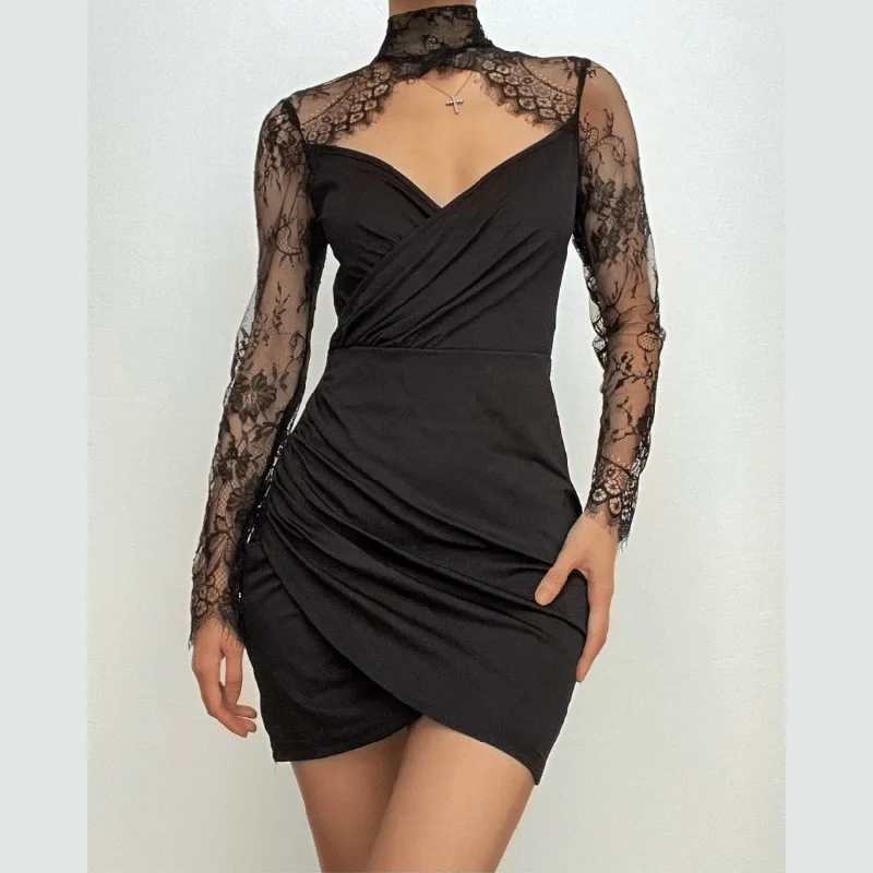 Hem lace low-cut high neck long sleeve ruched mini dress Classic Striped Mini Dress